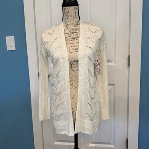 Pink Republic Womens Cream Open Front Pointelle Knit Cardigan Sweater Size Small